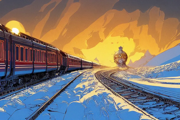 Image similar to trans - siberian express train illustration by joe fenton and syd mead and p. craig russell and barry windsor - smith, artstation, 4 k, graphic novel, concept art, matte painting, beautiful russian winter landscape sunset background, golden hour, art nouveau