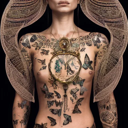 Prompt: A perfect female goddess stands for a waist up portrait with her body wrapped in thin gold wire creatively arranged so as to look like tattoos with faces and flowers and butterflies, hyper photo realistic 8K HD HDRI, photo by Annie Leibovitz.