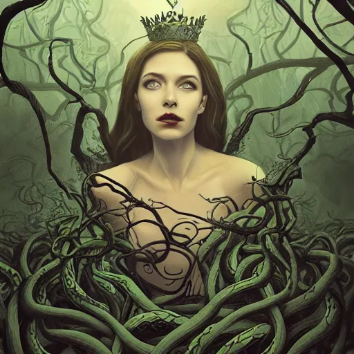 Image similar to the dark queen of snakes dawning a crown of vines, blue skin, realism, dark fantasy illustration, surrounded by snakes in a twisted forest, dramatic lighting, octane render, artstation