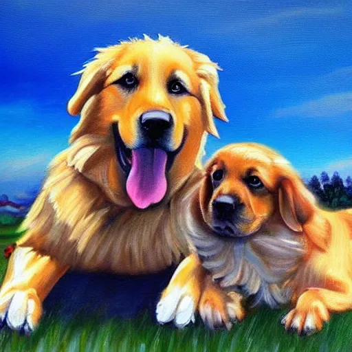 Image similar to a painting of a cute golden retriever with a german shepherd