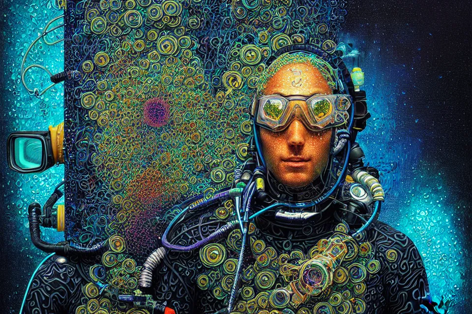 Image similar to detailed portrait of a cyberpunk scuba diver inside a dmt portal by james r eads and tomasz alen kopera