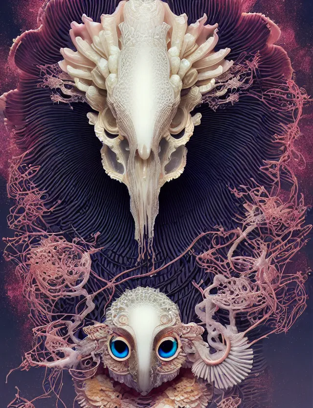 Image similar to simple coherent artwork. 3 d goddess close - up 3 / 4 portrait with ram skull. beautiful intricately detailed japanese crow kitsune mask and clasical japanese kimono. betta fish, jellyfish phoenix, bio luminescent, plasma, ice, water, wind, creature, artwork by tooth wu and wlop and beeple and greg rutkowski