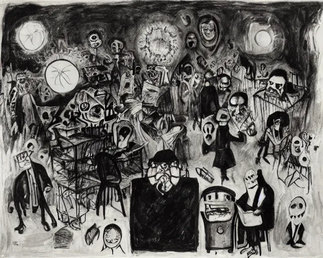 Image similar to the horror of beaurocracy, papers, horror, desks, office, waiting, stress, frustration, anger, crowded, harsh cinematic lighting, high qulity, 4 k, by charles addams and hilma af klint and affandi