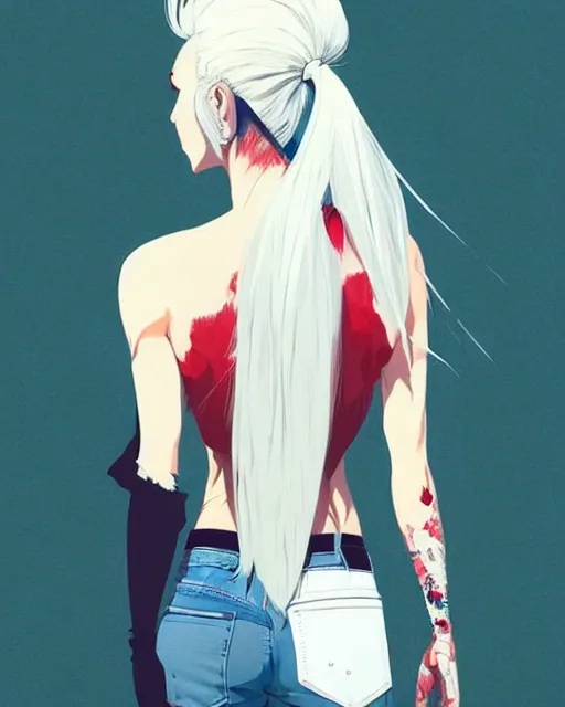 Image similar to a ultradetailed beautiful back painting of a stylish woman with white hair in a pony tail, she is wearing jeans, by conrad roset, greg rutkowski and makoto shinkai trending on artstation