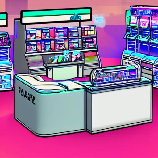 Image similar to vaporwave breakable convenience store robo - cashier