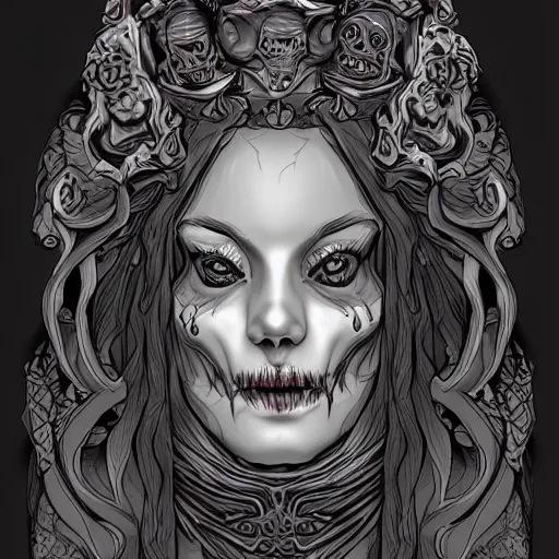 Prompt: hecate, mystic, dark, fantasy, character design, skulls, surreal, concept art, linework, digital painting, corel painter