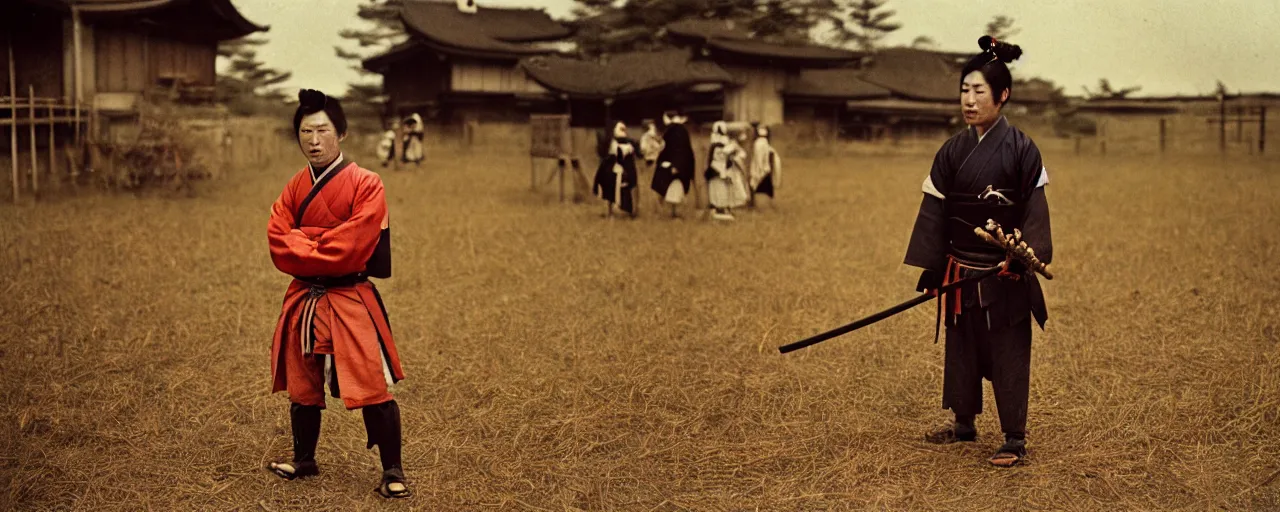 Image similar to 1 8 0 0 s japanese samurai cutting through spaghetti, rural, in the style of diane arbus, canon 5 0 mm, wes anderson, kodachrome, retro