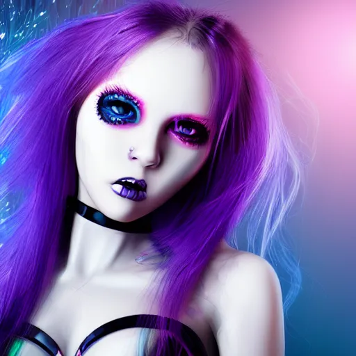 Image similar to a ultra detailed cyber girl with violet punk hair, ultra realistic wild face and wild eyes