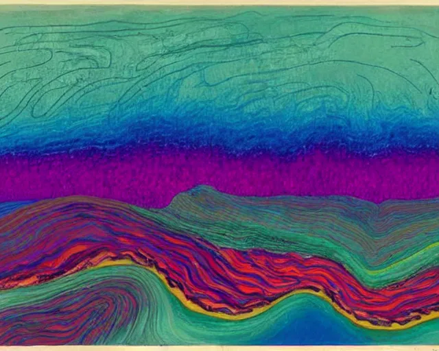 Image similar to Ocean waves in a psychedelic dream world. DMT. Curving rivers. Craggy mountains. Landscape painting by David Hockney. Zao Wou-ki. Minimalist.