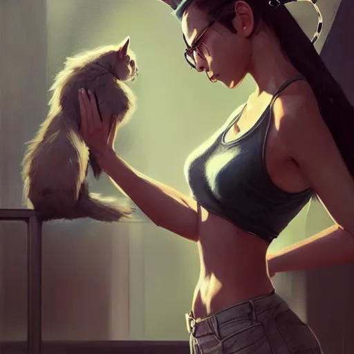 Image similar to cute woman wearing tank top and cat ears plays on computer, digital art, photorealistoc, art by greg rutkowski, hyperdetailed, western comic style, comic, comic style, sharp lineart, professional lighting, deviantart, artstation, trevor henderson, rossdtaws, cinematic, dramatic