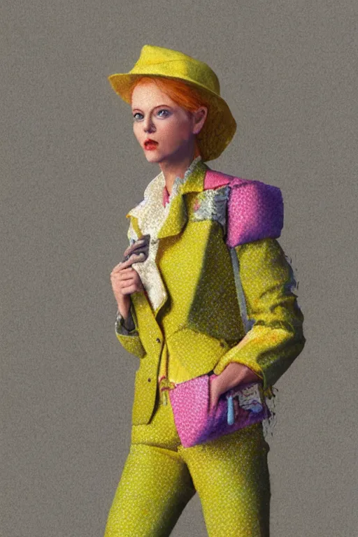 Prompt: a scene with a character wearing a super colorful muted color diy! suit, super detailed, vivienne westwood!, detailed photoreal render octane render, pointillism, oil on canvas