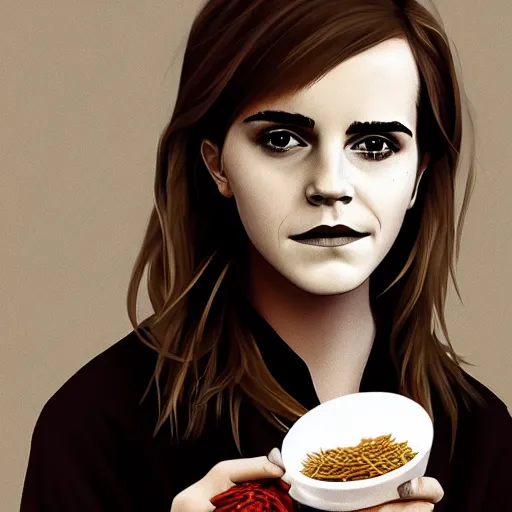 Image similar to portrait of emma watson eating a bowl of worms, trending on artstation