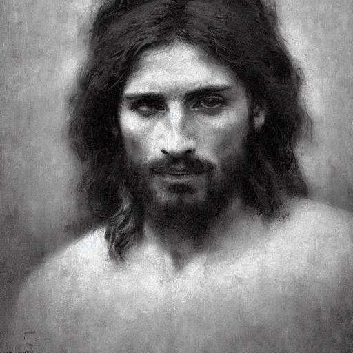 Prompt: portrait of jesus christ, russian painting, by Ilya Repin, realist, russian impressionism, melancholic, desaturated colors, moody, suffering, somber, rocky scenery in background