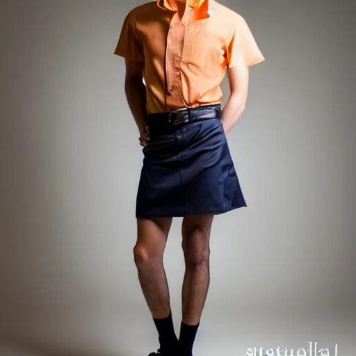 Image similar to A young pretty male model showcasing a very cute miniskirt and blouse. Studio lighting