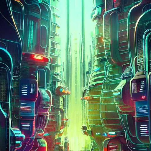 Image similar to robo cats inside an scifi tentacles wires futuristic city, beautiful signs, wide angle, retro futuristic comics, cinematic, highly detailed, photorealistic, rich bright colors, trending on artstation, giger, tsutomu nihei, trending on cgsociety, awe inspiring bruce pennington cityscape, digital art painting of 1 9 6 0 s