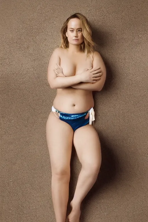 KREA - full body portrait of a slightly overweight gorgeous Brie Larson  wearing a micro bikini, wearing a skin-tight micro bikini that's a few  sizes too small, round chubby belly, distended belly