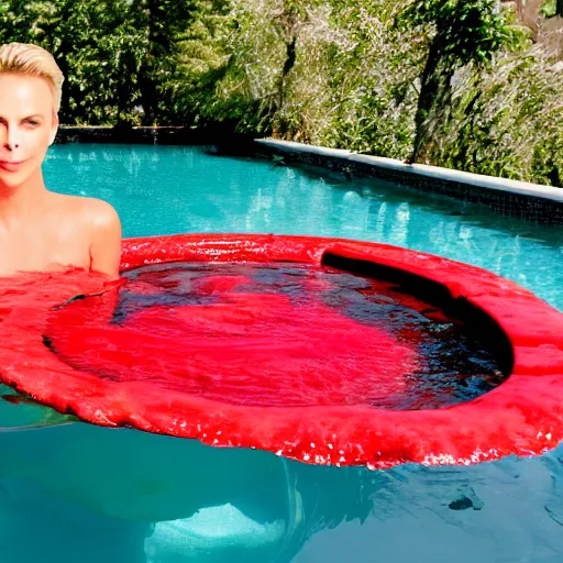 Image similar to charlize theron swimming in a pool filled with ketchup, a vat of red ketchup