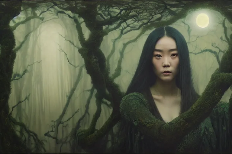 Image similar to wuxia, forest, moonlight, gemma chen, madison beer, pinup, intricate beautiful faces, painting by agostino arrivabene, vanessa beecroft, anka zhuravleva, mary jane ansell, peter mohbacher, gerald brom