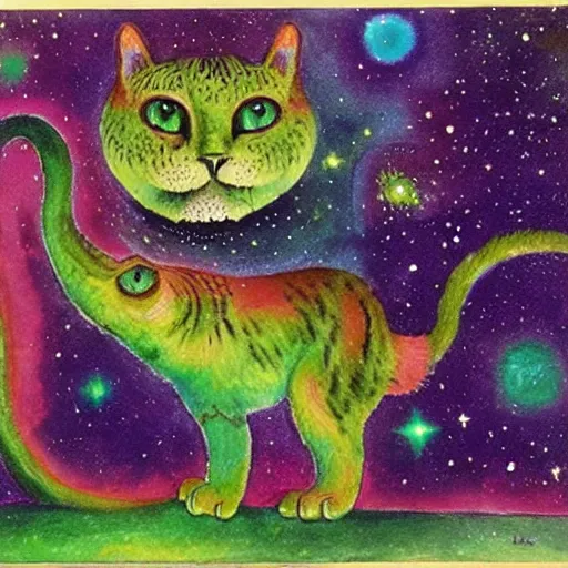 Image similar to a green cat surrounded by galaxies, watercolor by Louis William Wain,