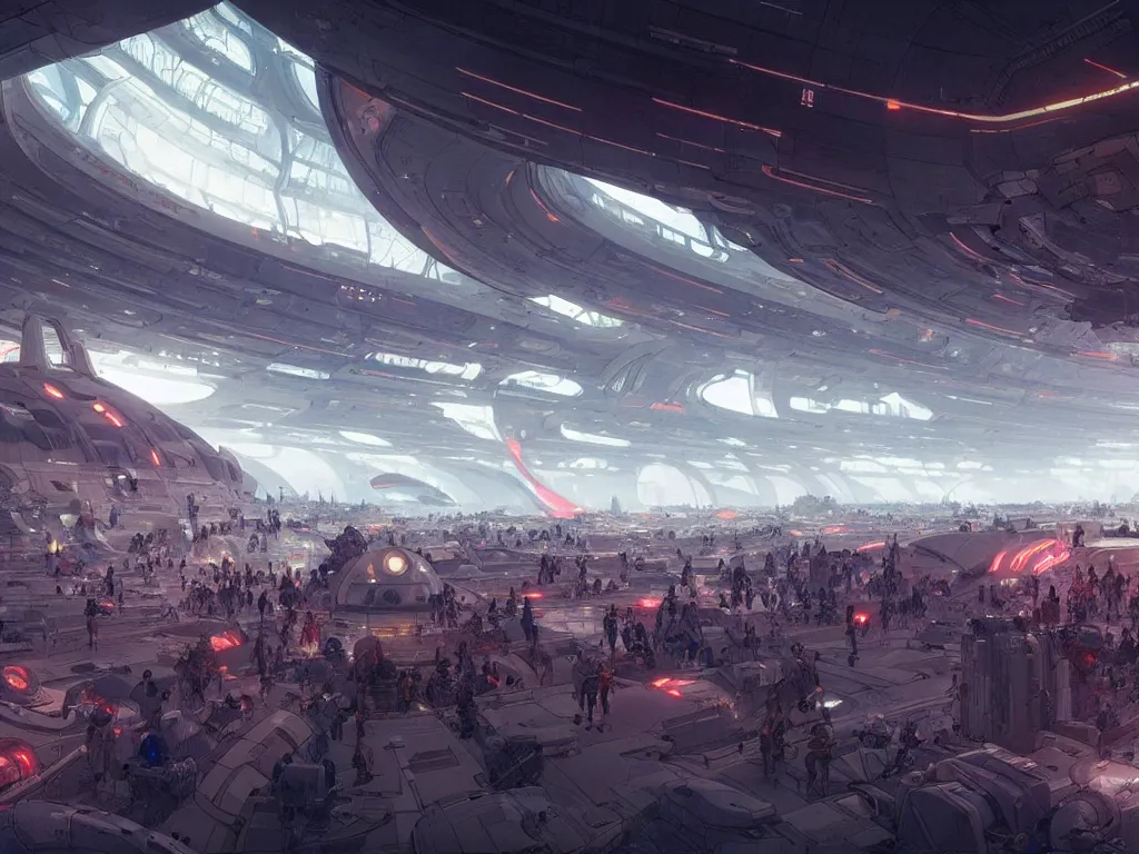 Image similar to the interior of a futuristic spaceport, large crowd of people, by kim jung gi and greg rutkowski, rule of thirds