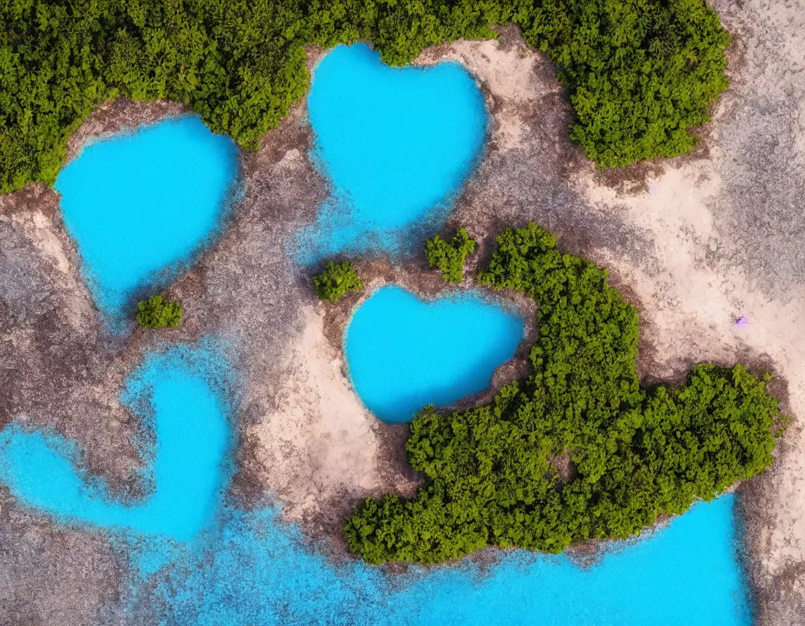 Image similar to closeup shot photo of ultra realistic blue lagoon with exotic tree heart / shaped sandy beach island, sunset lighting