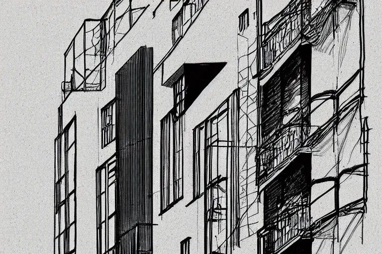 Image similar to a one line drawing of an urban balcony, solid background, black and white