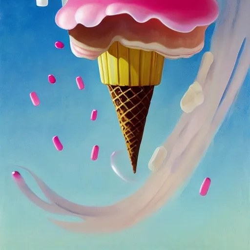 Prompt: Giant ice cream jellyfish and jellybeans fly through the air, as a tornado approaches, by Takashi Murakami, Edward Hopper, Bo Bartlett, and Cynthia Sheppard, Artstation