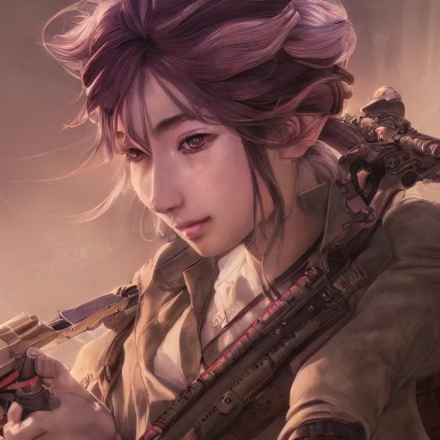 Image similar to the portrait of lawful neutral semi - colorful female infantry gunner as absurdly beautiful, gorgeous, elegant, young anime woman, an ultrafine hyperdetailed illustration by kim jung gi, irakli nadar, intricate linework, bright colors, octopath traveler, final fantasy, unreal engine 5 highly rendered, global illumination, radiant light, detailed and intricate environment