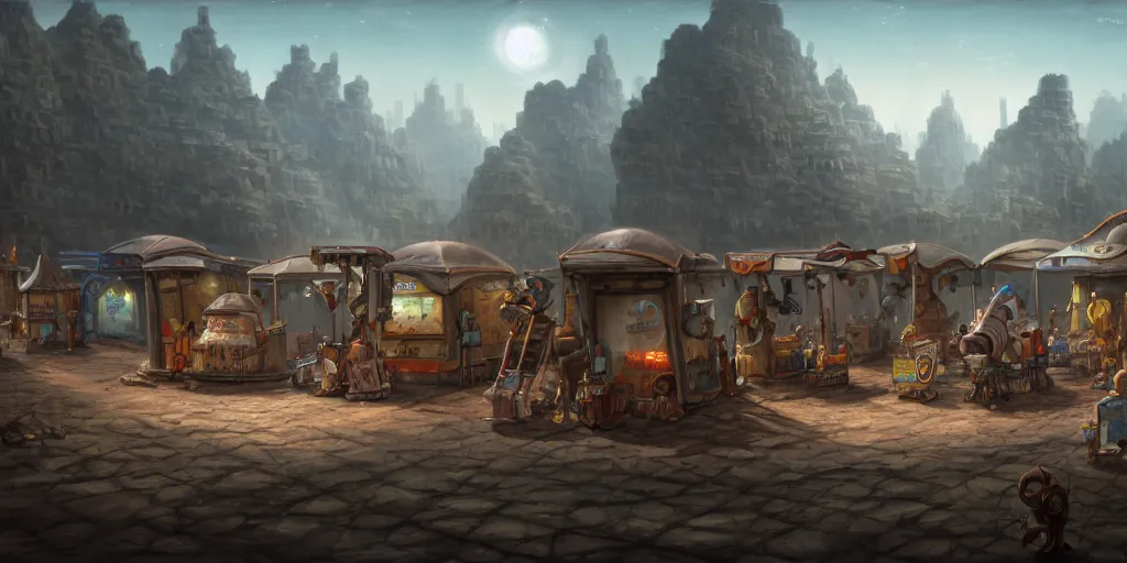 Image similar to robotic merchants in tents, trading town square, matte oil painting, retrofuturistic, concept art, quarrying, science fantasy, mutant, lgbt, queer, rpg, epic, rusted, white salt, badlands, jungles, dungeons & dragons, sacred, sharp focus, award - winning, extremely detailed, 4 k, 8 k