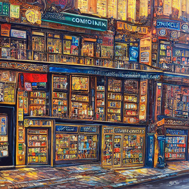 Image similar to modern coin shop. intricately detailed acrylic painting