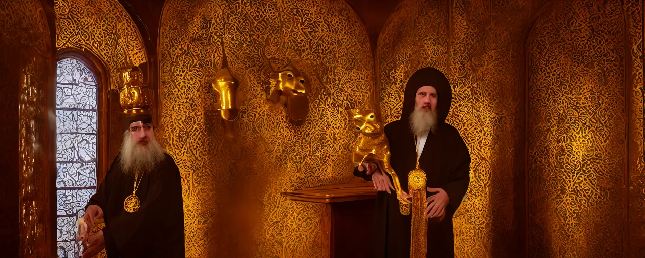 Image similar to orthodox priest in golden clothes with cute caracal head, wearing vr, in orthodox church, orthodox icons, volumetric lighting, night, atmospheric, ambients, dramatic, noir, blur, bokeh, cinematic, shallow depth of field, 8 0 mm, f 1. 8