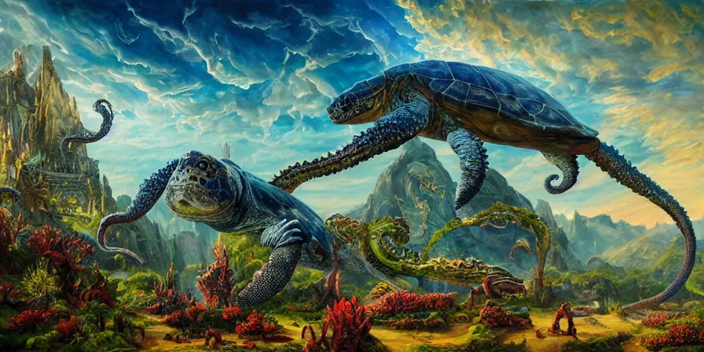 Image similar to fantasy oil painting, great leviathan, cybernetic turtle cephalopod terrapin reptilian pachyderm squid, bella hadid, hybrid, milla jovovich, anubis, epic natural light, lush plants flowers, spectacular mountains, bright clouds, luminous sky, outer worlds, golden hour, michael cheval, edward hopper, michael whelan, vray, hd