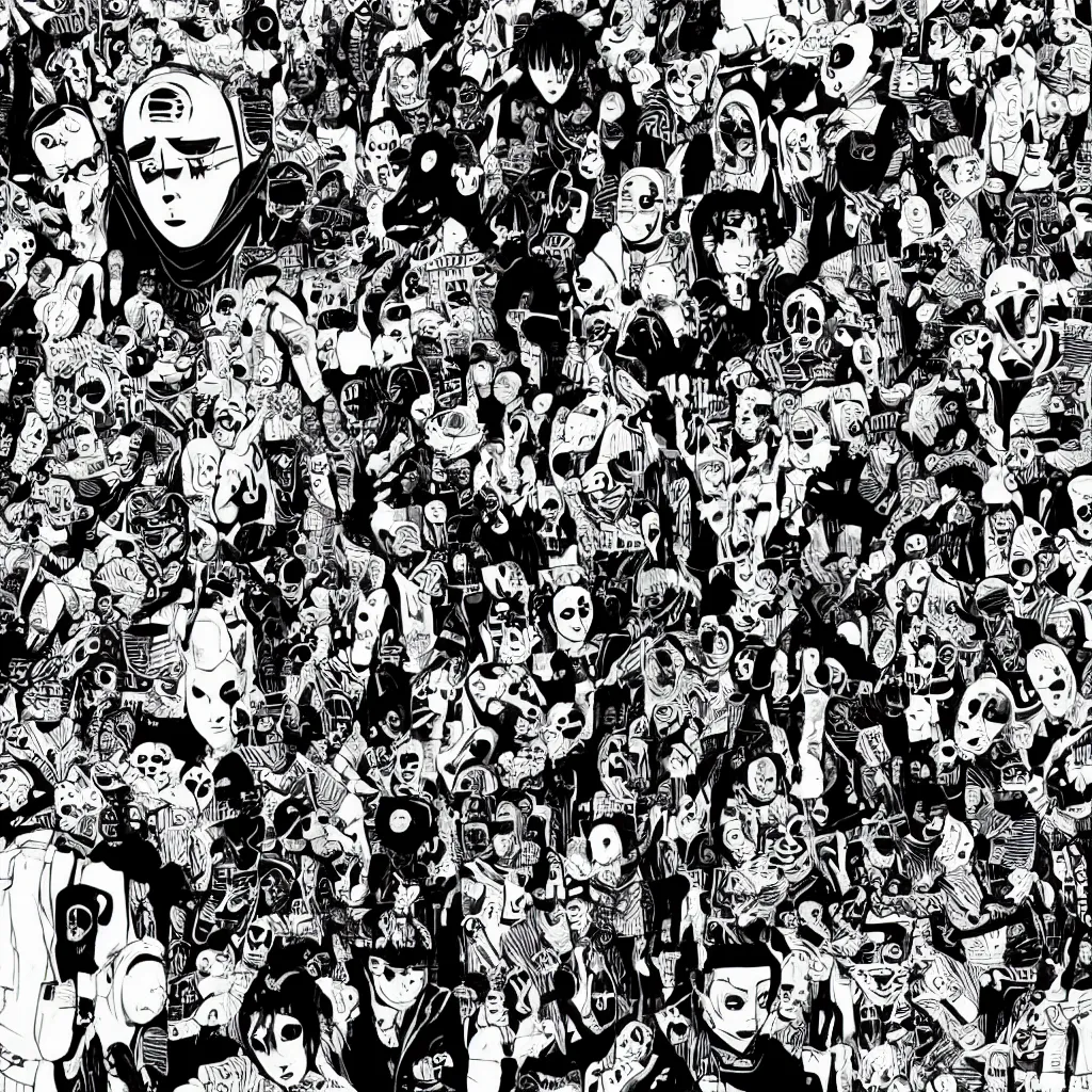 Image similar to faceless human figures, kazuo umezu artwork, jet set radio artwork, stripes, tense, space, cel - shaded art style, burqa, ominous, minimal, cybernetic, cowl, dots, stipples, lines, hashing, thumbprint, dark, eerie, motherboards, crosswalks, guts, folds, tearing