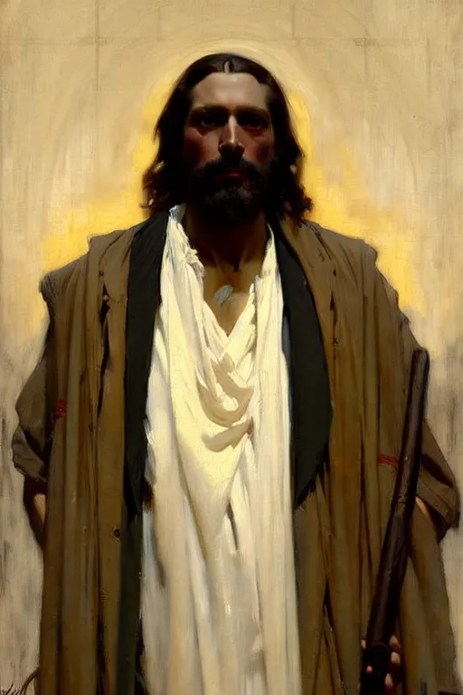 Image similar to leyendecker and solomon joseph solomon and richard schmid and jeremy lipking victorian loose genre loose painting full length portrait painting of jesus