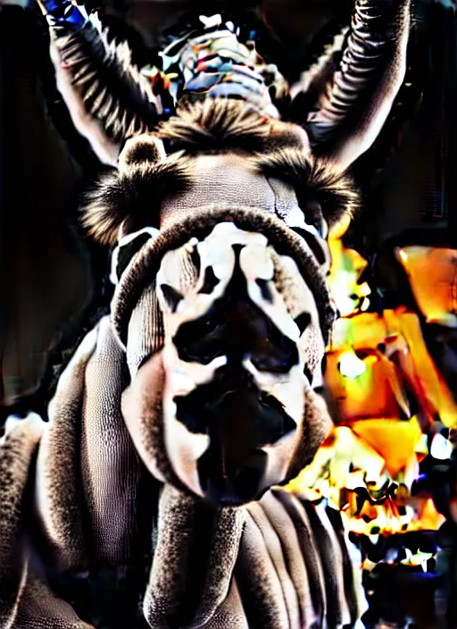 Image similar to intricate hyper detailed ultra sharp portrait of an evil robotic donkey that is heroically looking into the camera, fire background, 2 d digital vector art, highly realistic, highly detailed, medium shot, low angle, dramatic lighting, picture of the year award, deep cyberpunk mechanoid, sharp focus, 4 k, ultra hd,