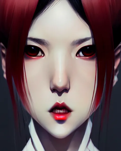 Image similar to sharp hq rendering, vampire, asian character portrait, concept art, painterly, fanart, highly detailed in the style of wlop by ilya kuvshinov, wenjun lin, sakimichan, artgerm, angular asymmetrical design, chinese artist, eastern art style, nixeu