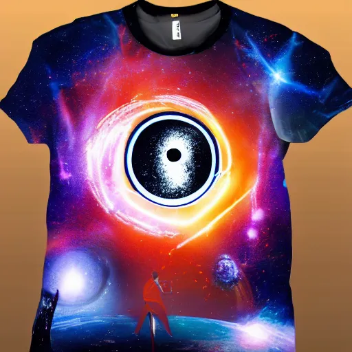 Prompt: a hyperreality concert david bowie wearing a dao yin - yang t - shirt performing on top of the spaceship in deep space, galaxies swirling around