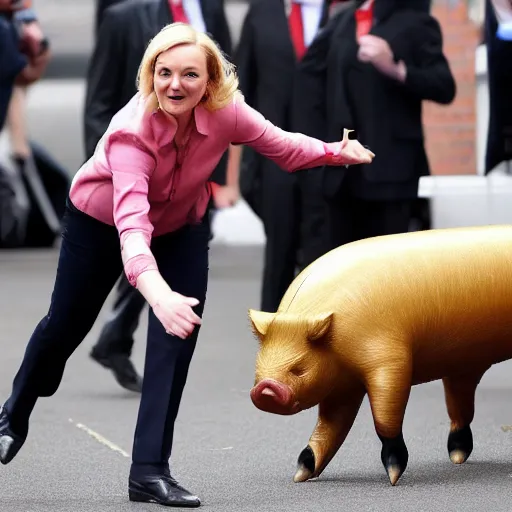 Prompt: liz truss chasing a greased pig