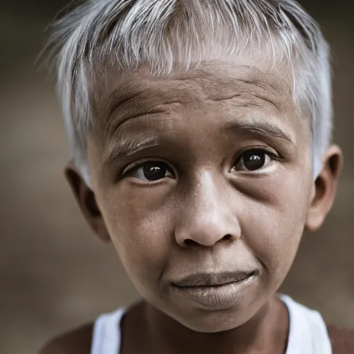 Prompt: portrait of a kid with old wrinkly skin and gray hair