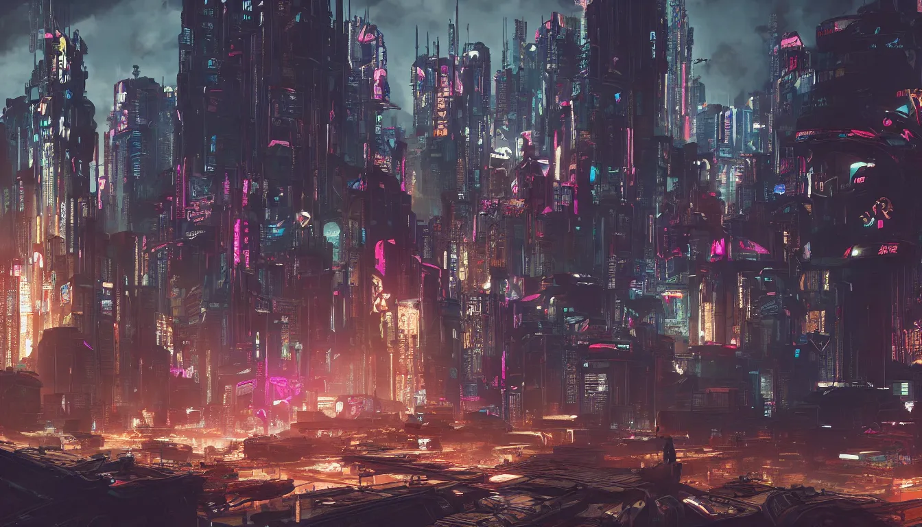 Prompt: Cyberpunk 2077 city, chaos, 4k, concept art, by Lea Leonowicz