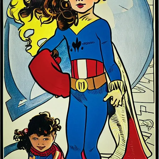 Image similar to a little girl with a mischievous face and light brown curly wavy hair. she is dressed as captain america, spider - man, batman, captain marvel, a superhero. well composed, clean elegant painting, beautiful detailed face. by steve ditko and jack kirby and alphonse mucha