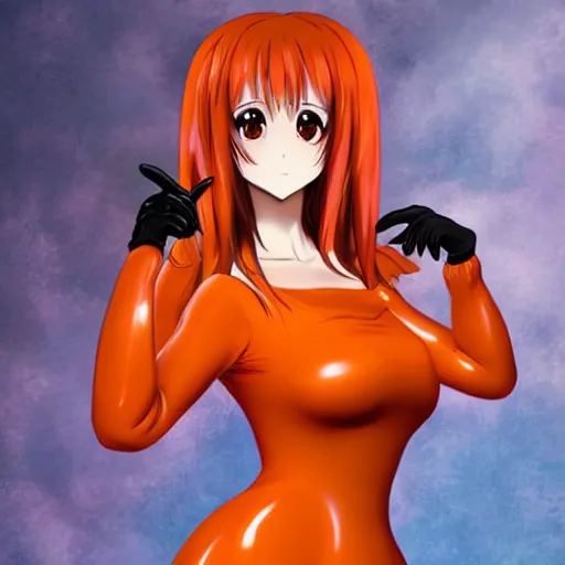Image similar to Anime big bust beautiful Claud Monet proportions girl in orange latex dress and orange latex gloves holding wonderful grotesque raven feather in her hand