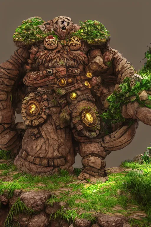 Image similar to zelda fantasy art giant golem troll wood rock greeble gemstone, global illumination ray tracing hdr fanart arstation by sung choi and eric pfeiffer and gabriel garza and casper konefal