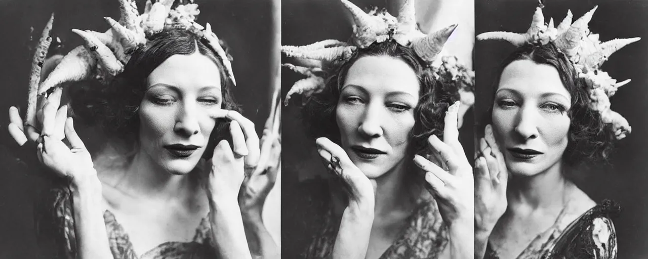 Image similar to 1920s portrait photography of cate blanchett transforming into a monster, edelweiss growing out of her face, goat horns on her head