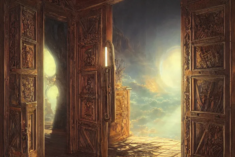Image similar to large rustic intricately decorated wooden double door, metal handles, a view to a fantasy world, eerie back light, mist, coherent composition, digital fantasy painting by noriyoshi ohrai