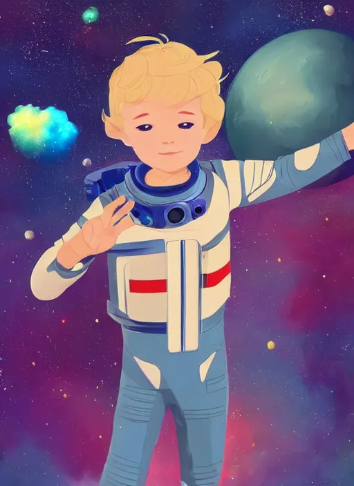 Image similar to little boy with short blonde hair. he is floating in space. he is wearing a space suit. background is a nebula. clean cel shaded vector art. shutterstock. behance hd by lois van baarle, artgerm, helen huang, by makoto shinkai and ilya kuvshinov, rossdraws, illustration, art by ilya kuvshinov