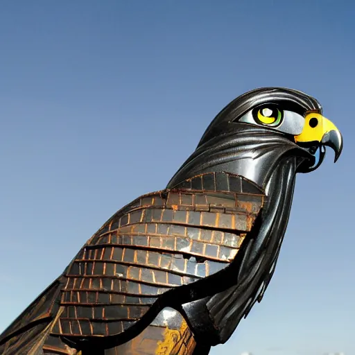 Image similar to A hawk model built from scrap metal, standing on asphalt, detailed close up photograph