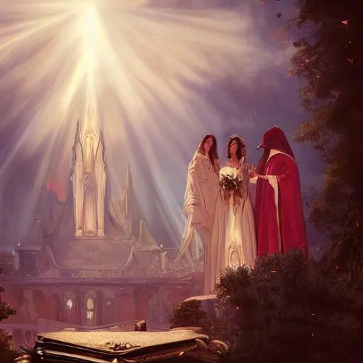 Image similar to an beautiful and detailed matte painting of a lesbian wedding between evil pyromancer and a vampire red mage, unholy union, white church background, god rays, sharp focus, highly detailed, cinematic lighting, studio quality, colorful, smooth render, vector illustration, award winning, by artgerm, greg rutkowski, alphonse mucha