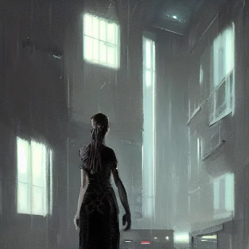 Image similar to concept art by greg rutkowski, a very tall and slender woman with blond hair, talking to a very tall and slender man with short black hair, brutalist futuristic interior, dark lighting atmosphere, detailed portraits, nostalgic atmosphere, scifi, digital painting, artstation, concept art, smooth, sharp foccus ilustration, artstation hq