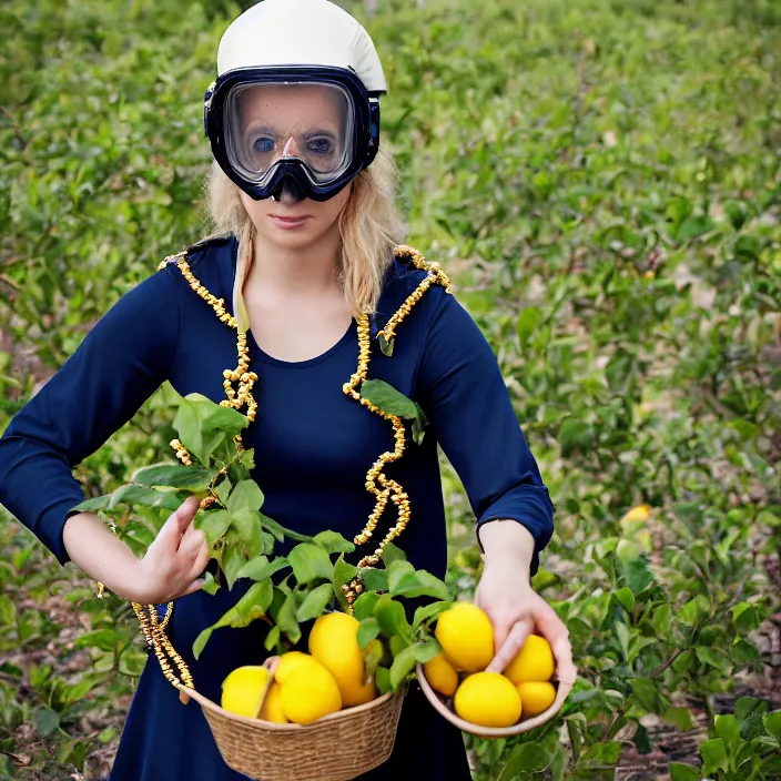 Prompt: a closeup portrait of a woman in a scuba helmet, wearing a dress made of beads, picking lemons in an orchard, color photograph, by vincent desiderio, canon eos c 3 0 0, ƒ 1. 8, 3 5 mm, 8 k, medium - format print